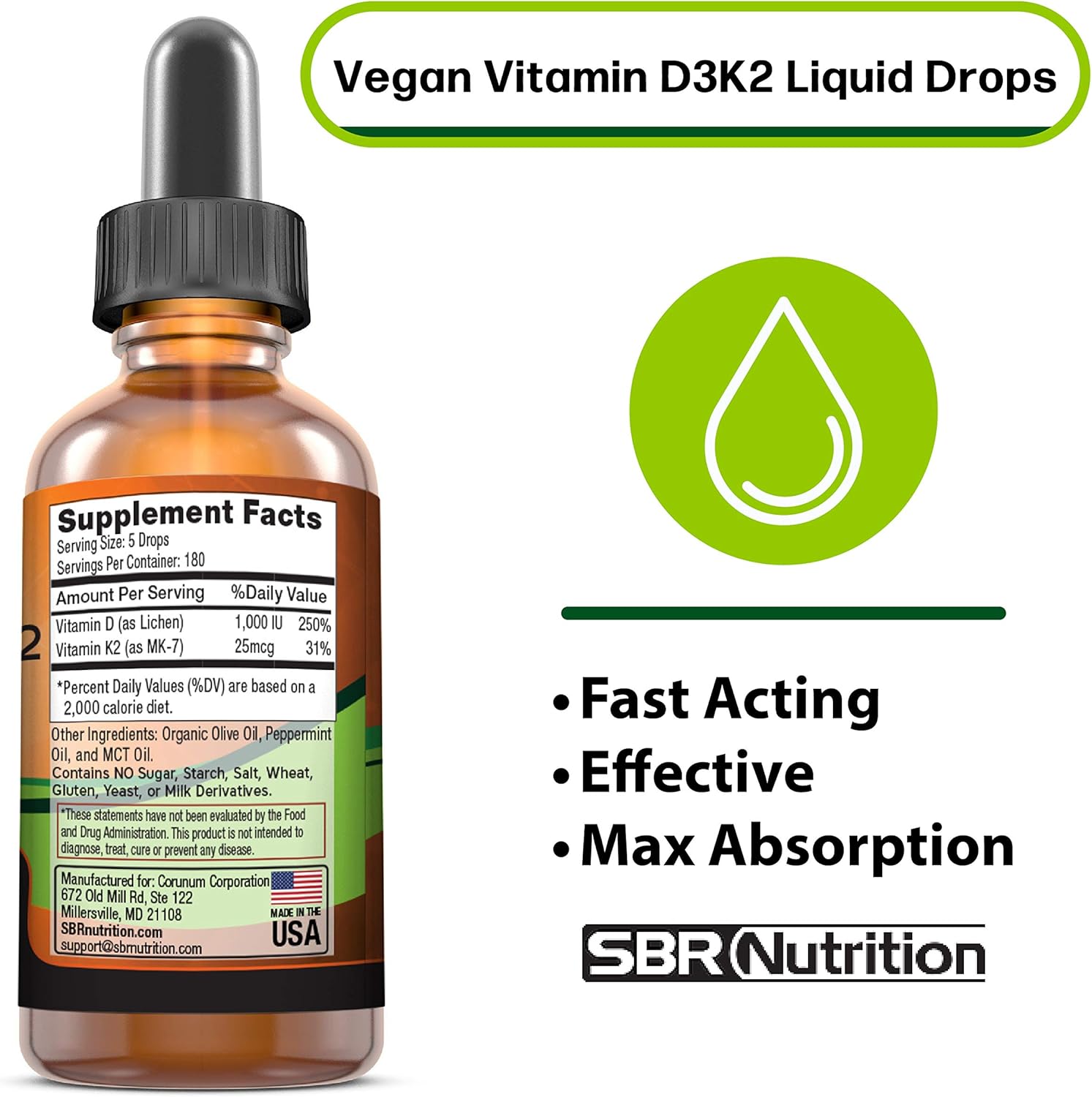 Vitamina D3 + K2 (MK-7) Gotas Veganas con Aceite MCT y Sabor a Menta