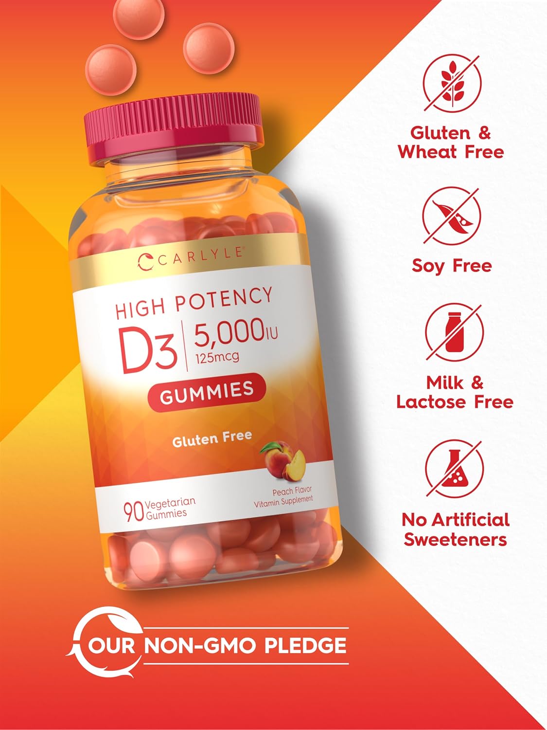 Carlyle Vitamin D3 Gummies 5000 IU (125 mcg) | 90 Count | Peach Flavor | Vegetarian, Non-GMO & Gluten Free Supplement