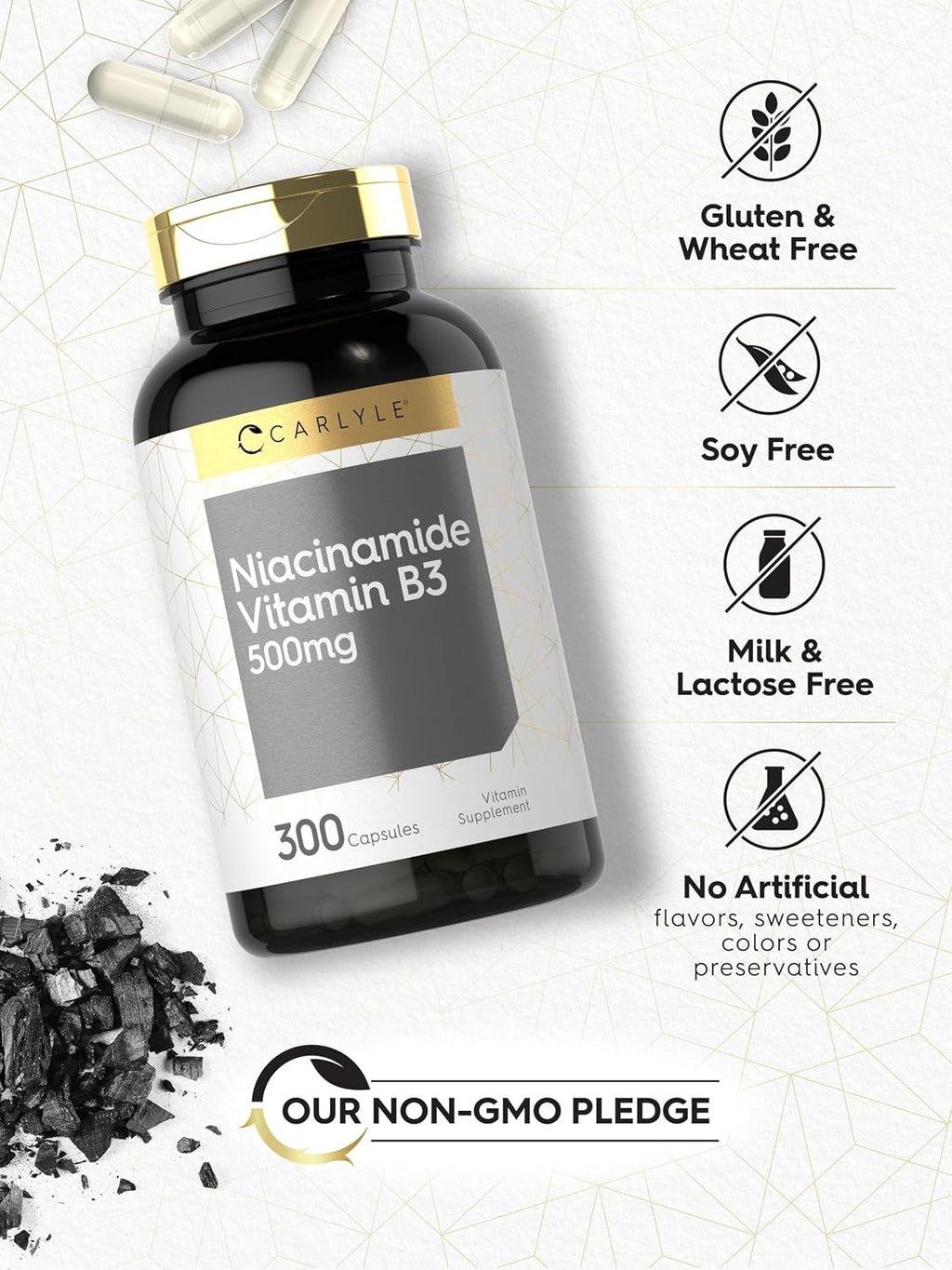 Carlyle Niacinamida 500 mg, 300 cápsulas - Suplemento de Vitamina B3