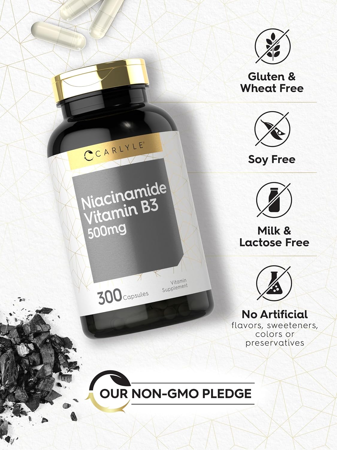 Carlyle Niacinamida 500 mg, 300 cápsulas - Suplemento de Vitamina B3