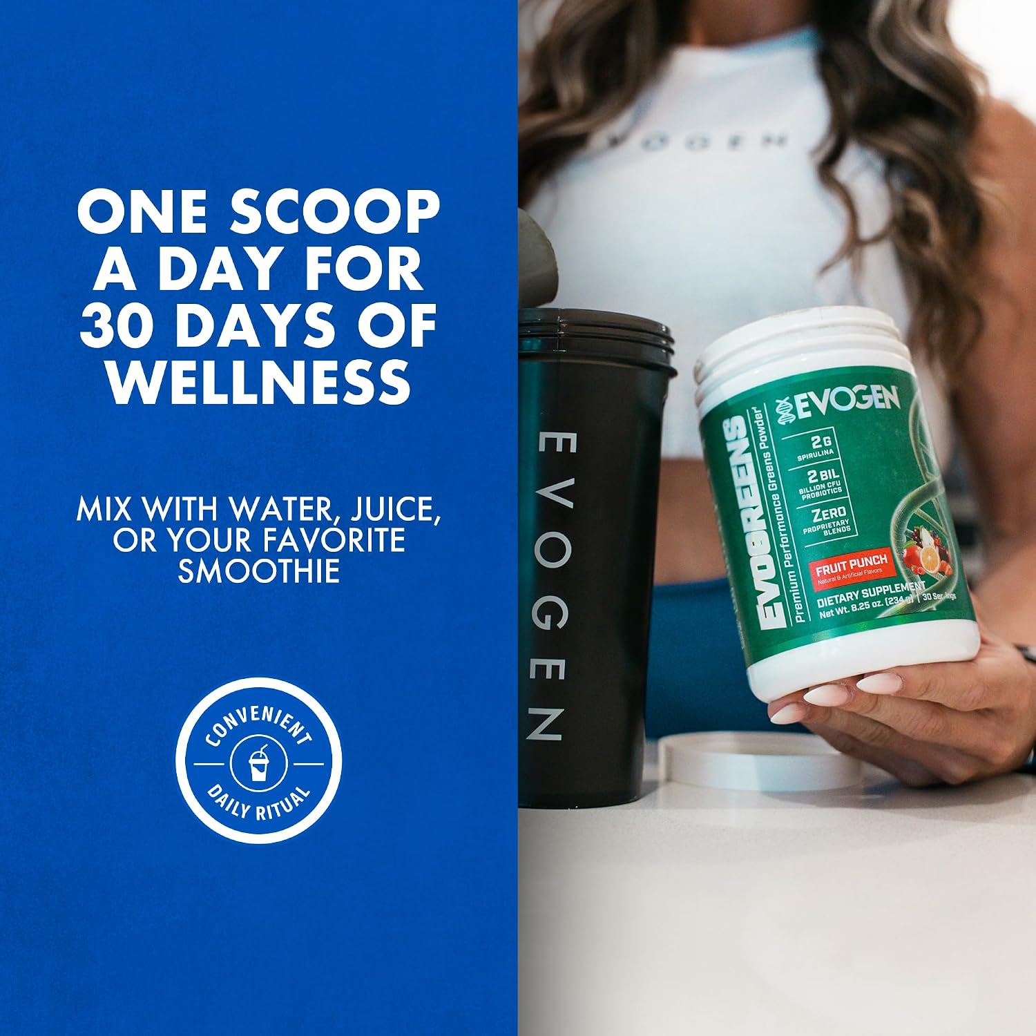 Evogen Evogreens - Super Greens en Polvo con Espirulina, Probióticos y Extracto de Granada Pomanox, Sabor Fruit Punch, 30 Raciones