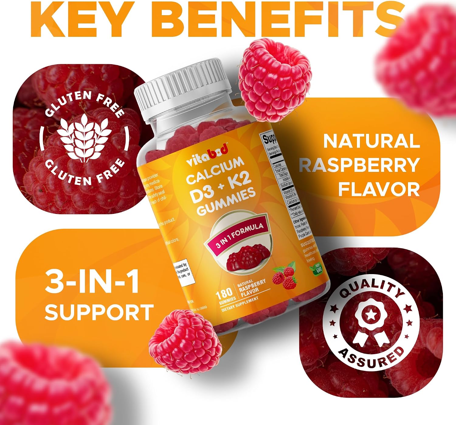 Vitabod Vitamin D3 + K2 Gummies – Gominolas Veganas de Frambuesa – 180 uds