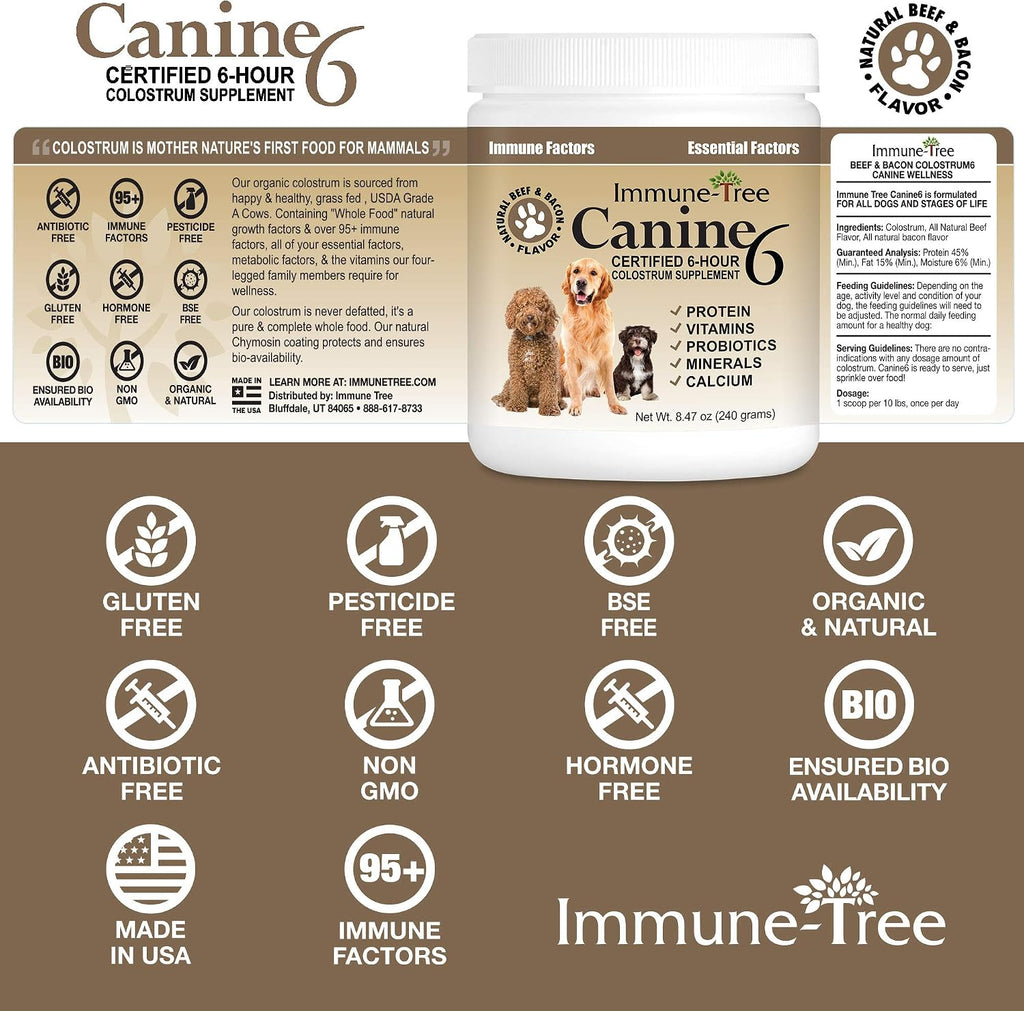 Calostro bovino para perros y cachorros | Suplemento para el sistema inmunológico | Alivio para alergias, picor de piel y puntos calientes | Prebióticos y probióticos apoyan la digestión | Fabricado en EE. UU. | 240 g (8.47 oz)