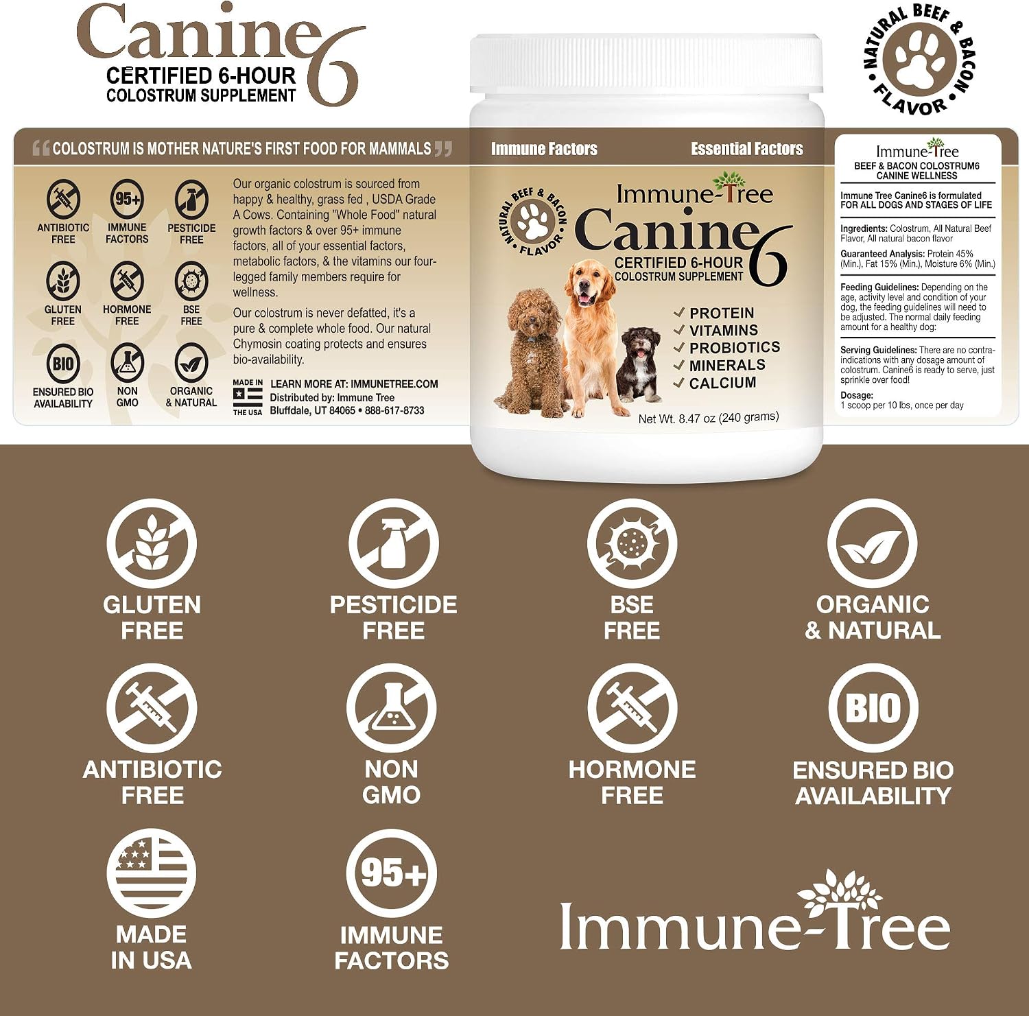 Calostro bovino para perros y cachorros | Suplemento para el sistema inmunológico | Alivio para alergias, picor de piel y puntos calientes | Prebióticos y probióticos apoyan la digestión | Fabricado en EE. UU. | 240 g (8.47 oz)