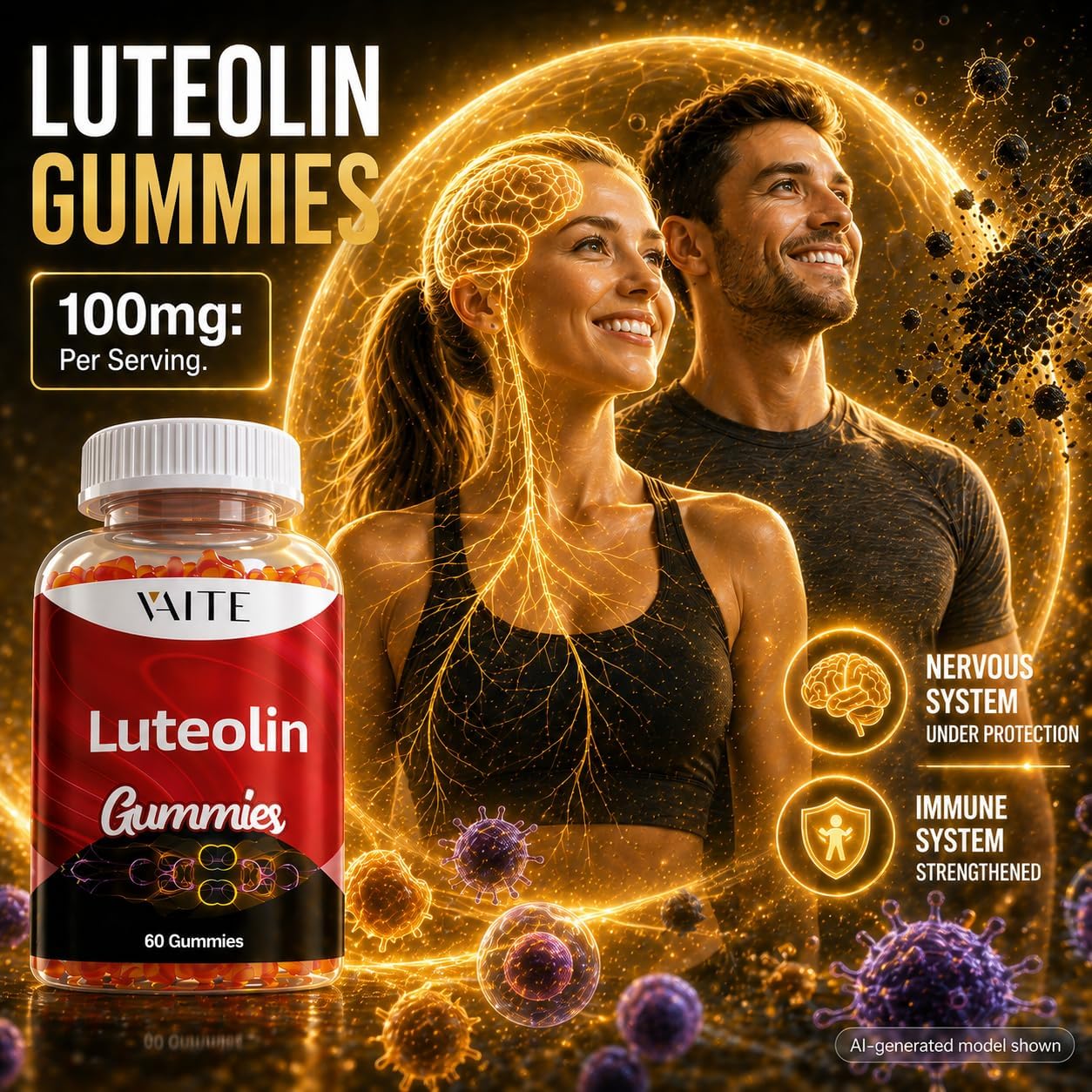 Luteolin 100mg Supplement - Gomitas Veganas Sin Azúcar para Memoria y Energía - 60 uds