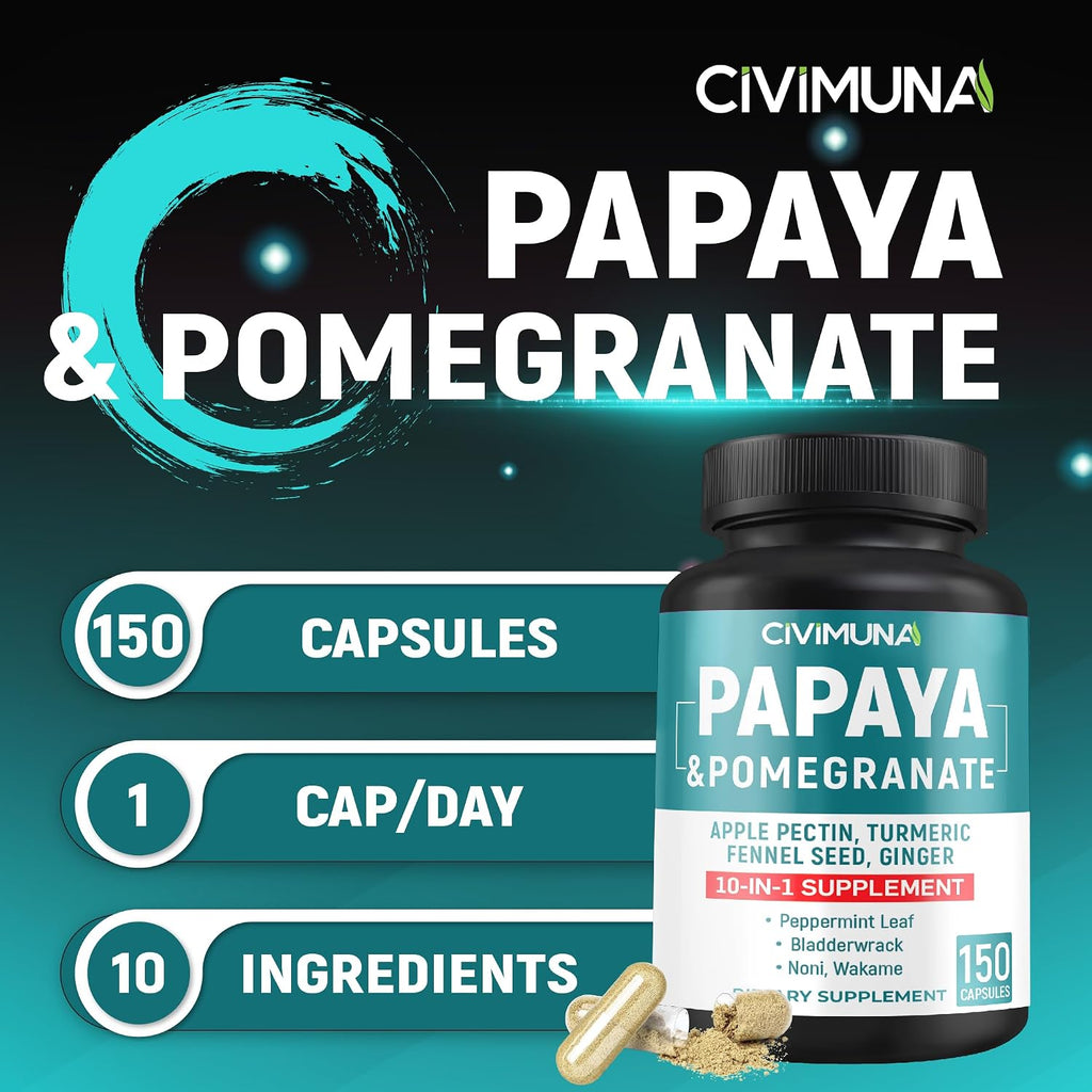 Papaya Capsules with Papaya, Pomegranate, Apple Pectin and More - 150 Capsules for 5 Months Supply