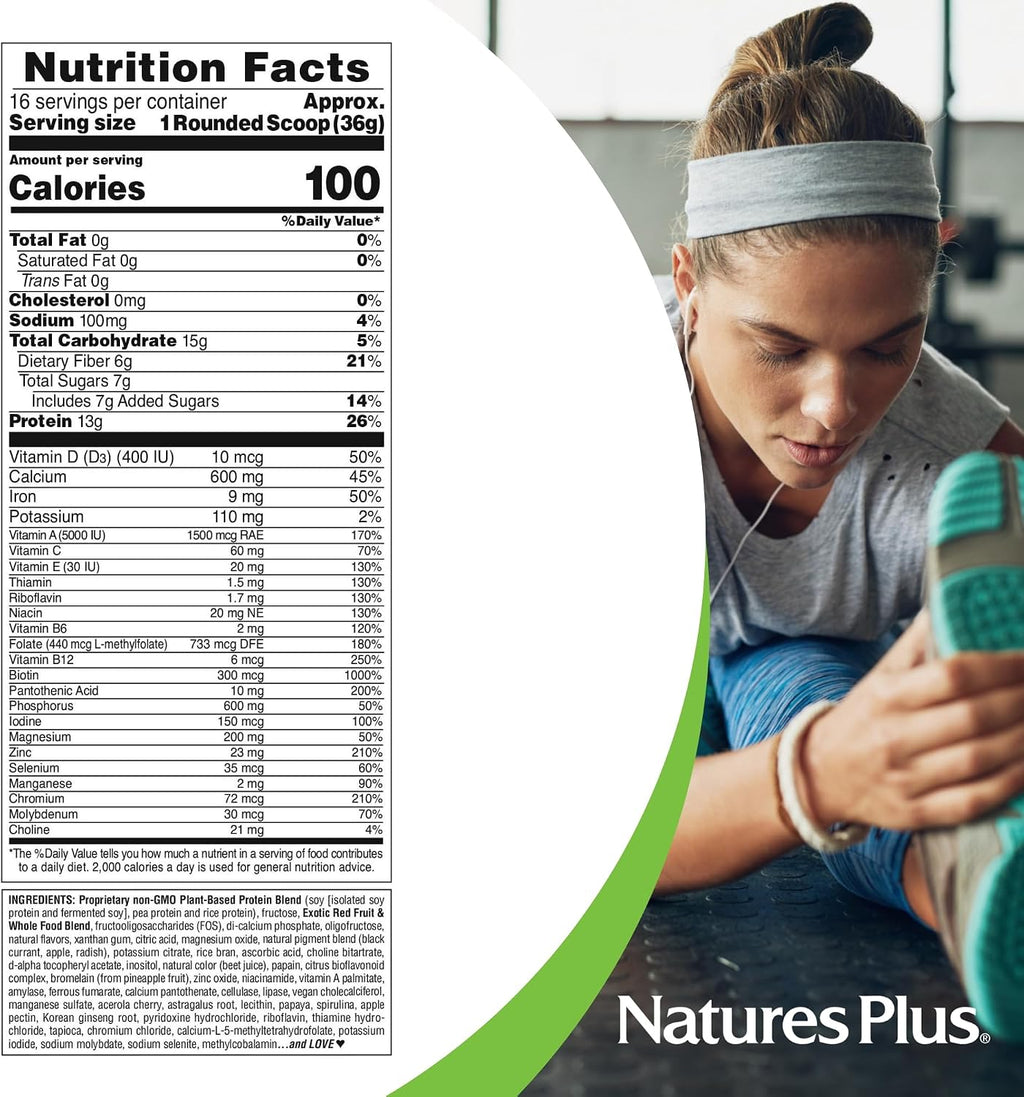 NaturesPlus FRUITEIN Batido de Proteínas con Frutas Rojas Exóticas - 1.3 lbs (590 g) - 13g de Proteína Vegetal por Ración - Sin Gluten y Vegano
