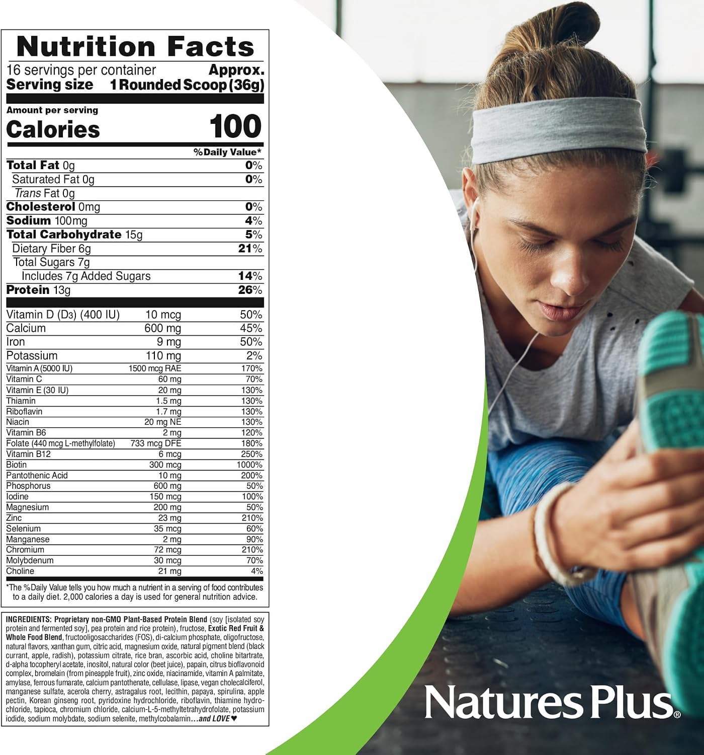 NaturesPlus FRUITEIN Batido de Proteínas con Frutas Rojas Exóticas - 1.3 lbs (590 g) - 13g de Proteína Vegetal por Ración - Sin Gluten y Vegano