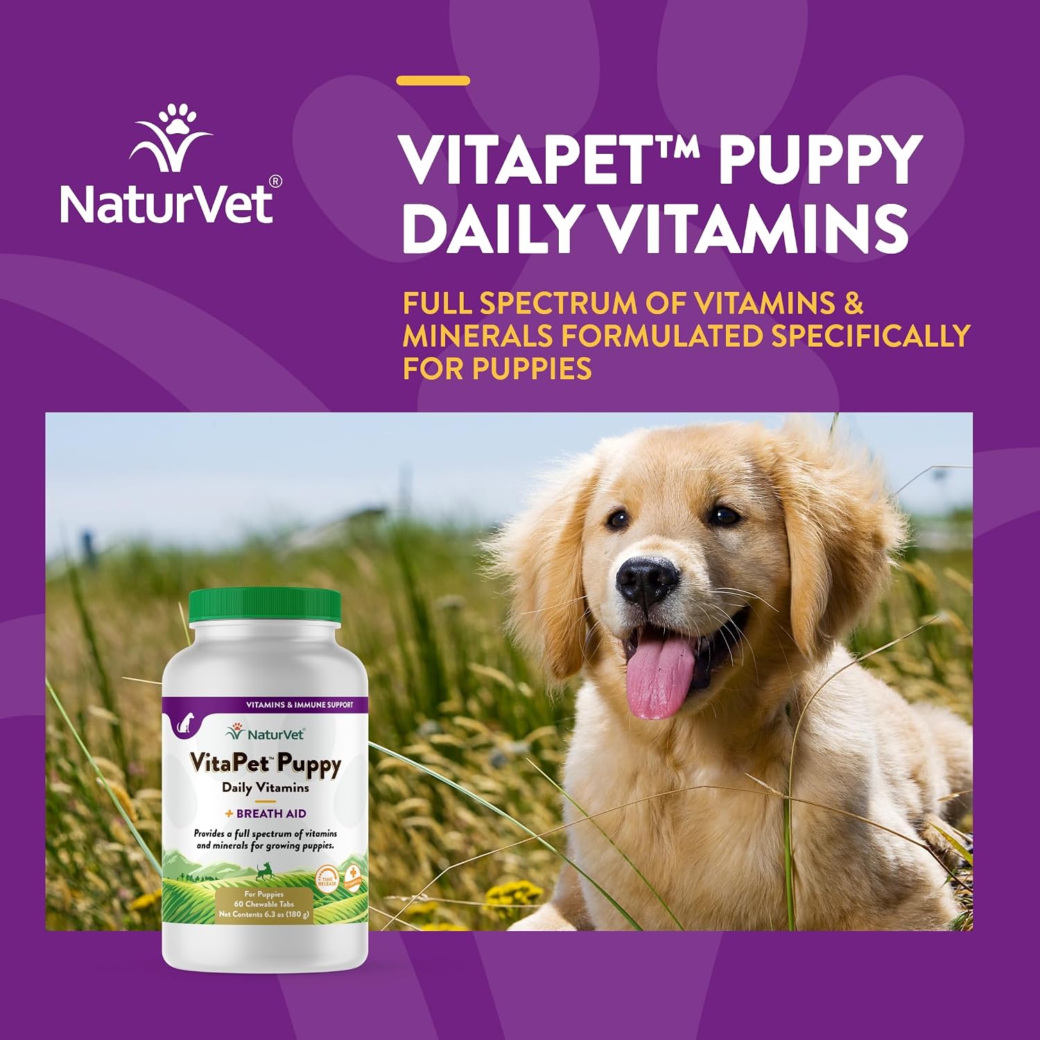NaturVet VitaPet Multivitamínico para Cachorros con Aliento Fresco - 60 Comprimidos Masticables de Liberación Prolongada