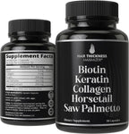 Biotina 5000mcg con Keratina, Colágeno, Cola de Caballo y Saw Palmetto – 5 en 1 para el Cabello