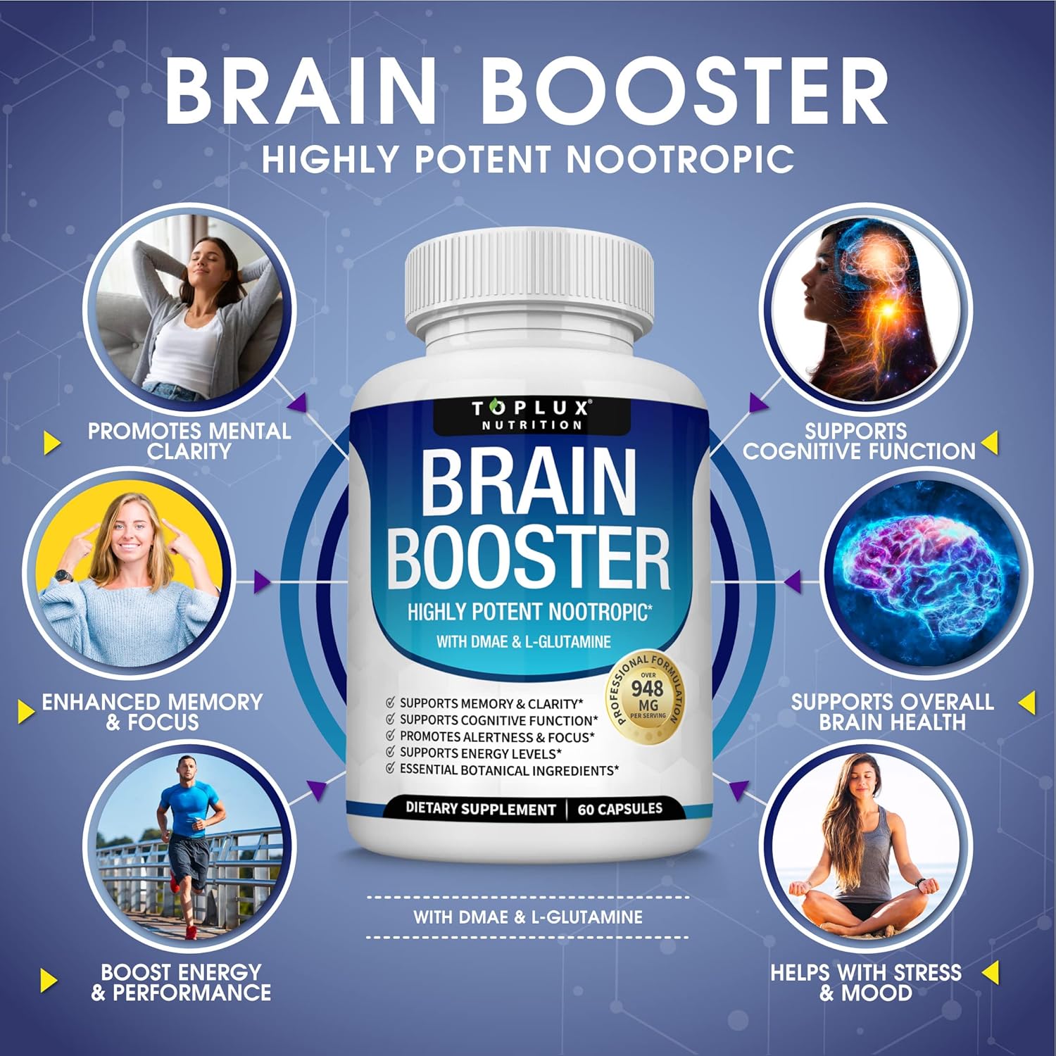 Toplux Brain Booster – Suplemento Nootrópico con DMAE, Bacopa Monnieri y L-Glutamina, 60 Cápsulas