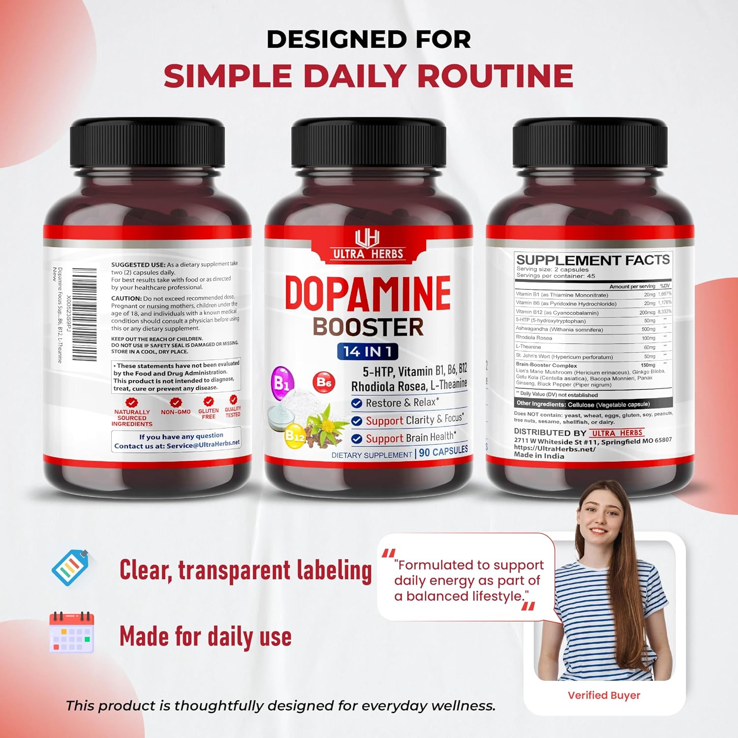 Dopamine Focus - Suplemento con Ashwagandha, 5-HTP, Rhodiola, L-Theanina y Vitaminas B
