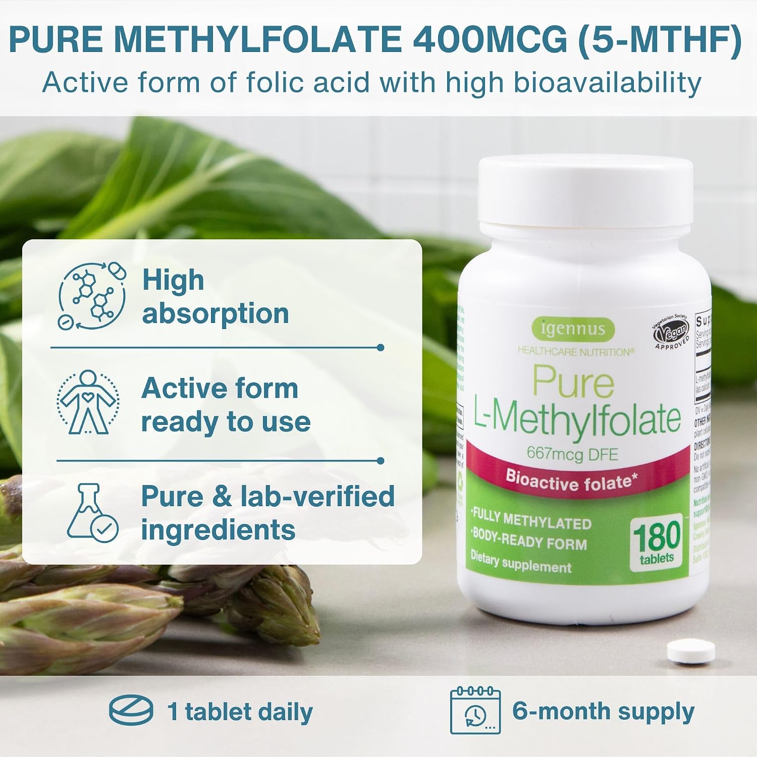 Igennus Pure Methyl Folate 400 mcg - Metilfolato Activo (180 Comprimidos)