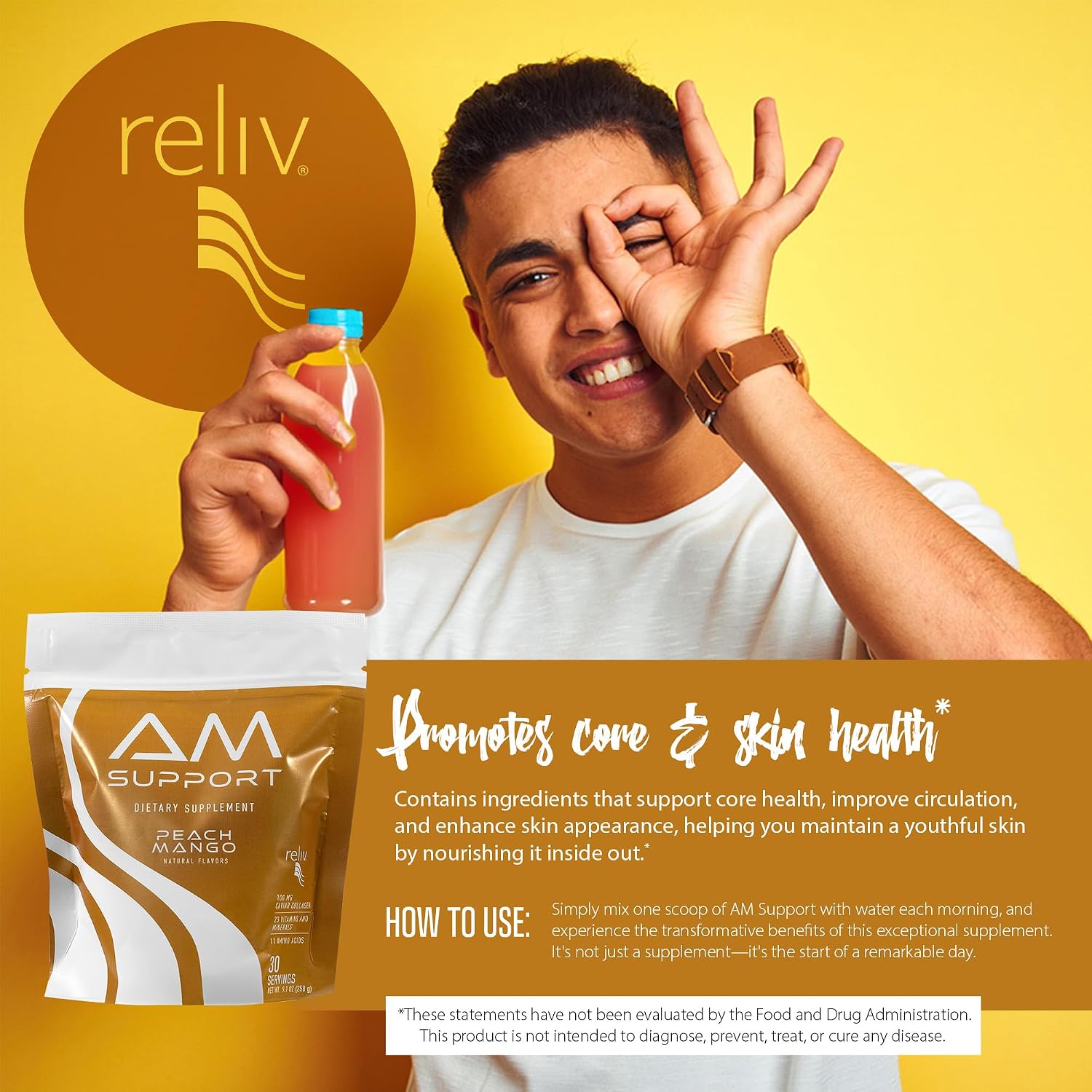 AM Support Mezcla Matutina de Nutrición – Cero Calorías Apoyo Nutricional GLP-1 con Vitaminas, Minerales, Aminoácidos, Fibra Prebiótica, Baobab, Ginseng y Colágeno Marino - Melocotón Mango - 30 Servicios