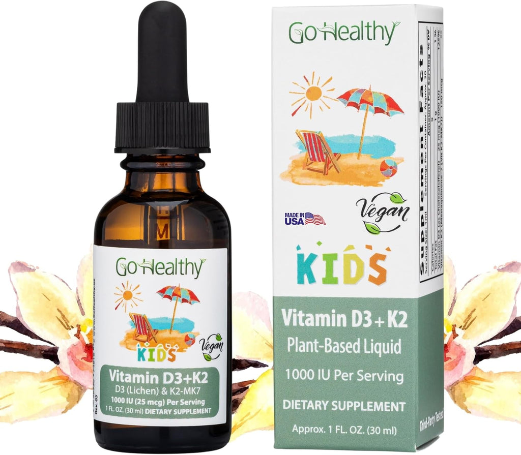 Go Healthy Kids Vitamin D3 K2 (MK-7) Gotas Líquidas Veganas para Niños - Sabor Vainilla - 30 Dosis