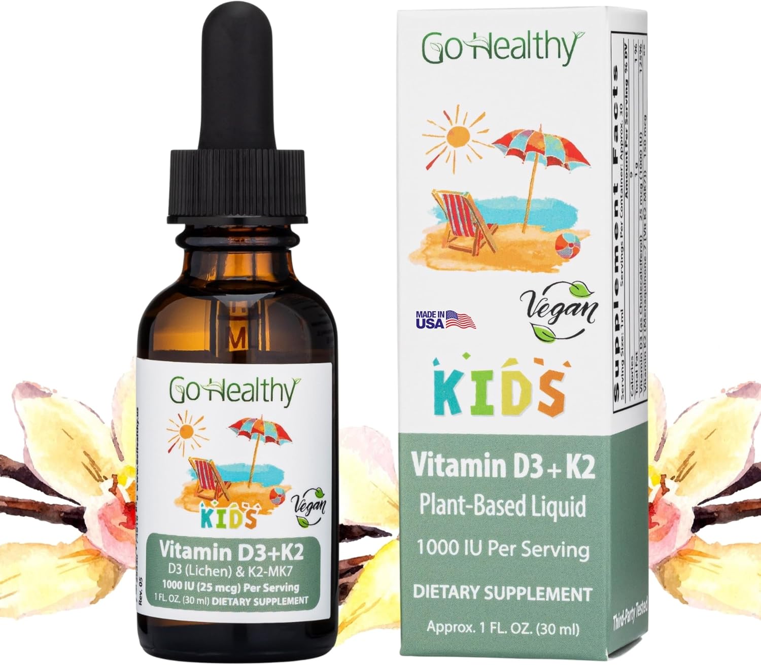 Go Healthy Kids Vitamin D3 K2 (MK-7) Gotas Líquidas Veganas para Niños - Sabor Vainilla - 30 Dosis