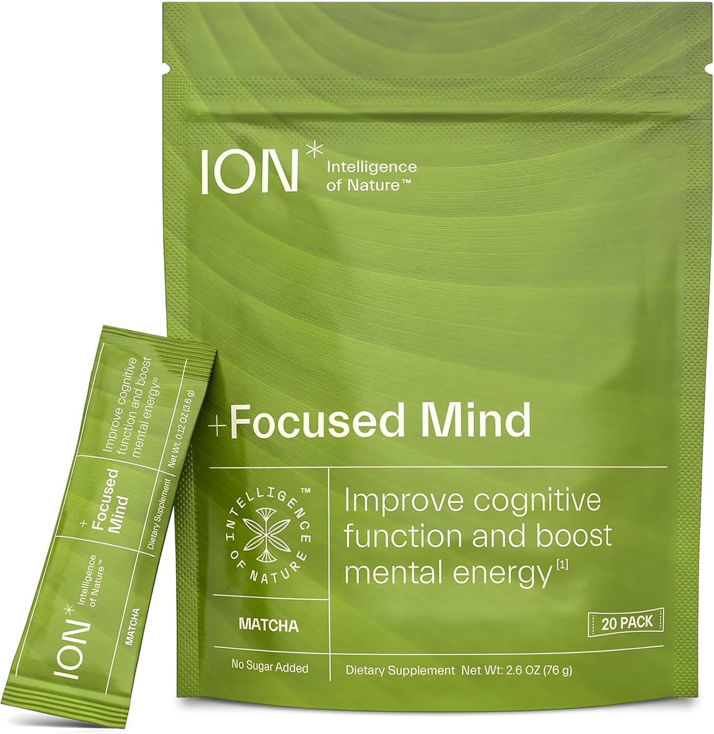 ION* Intelligence of Nature Focused Mind Nootropic Powder Drink Mix - Brain Boost con Matcha para Memoria, Concentración y Relajación - 20 Sobres