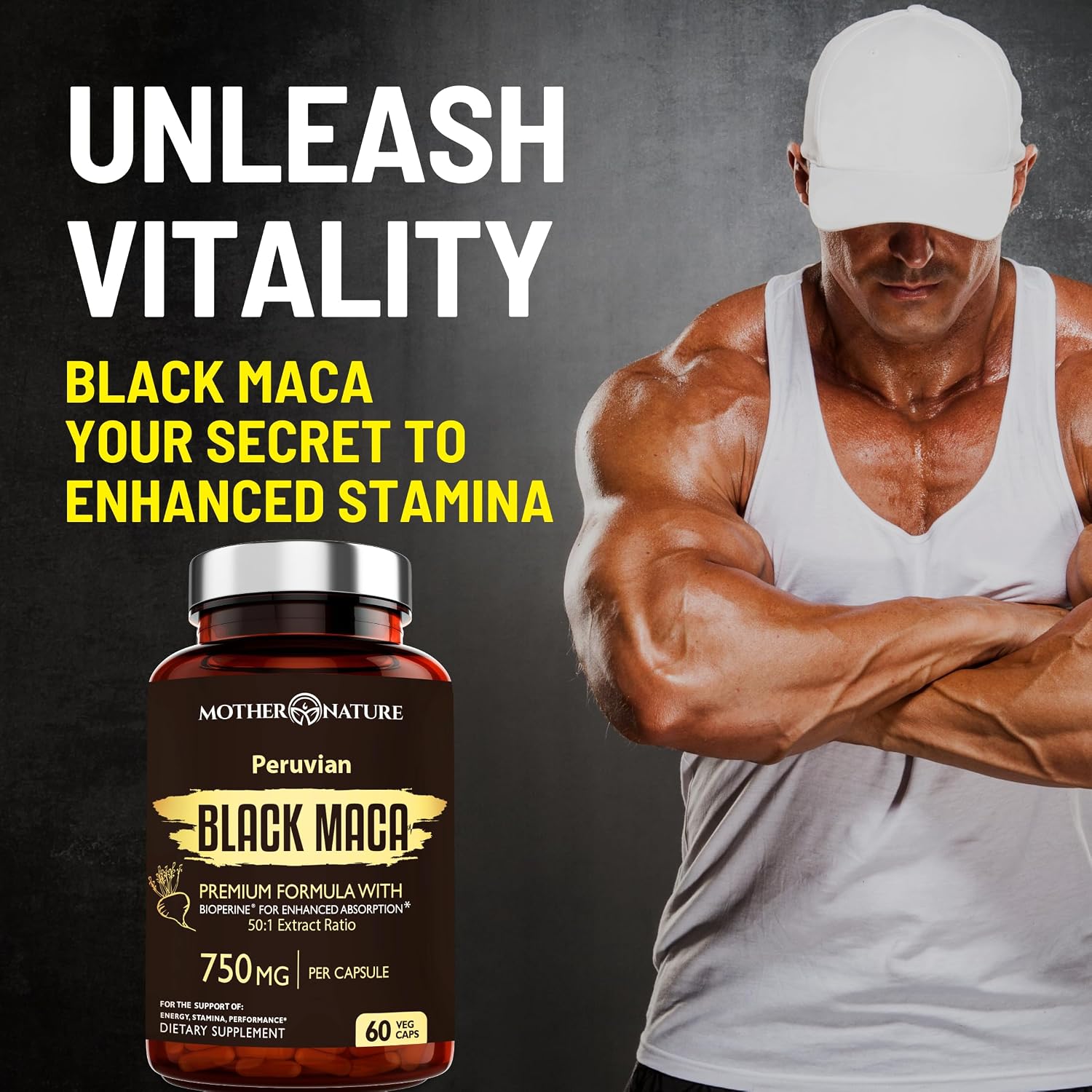 MNO Black Maca Root 50:1 750mg – Maca Negra Peruana Orgánica, 60 Cápsulas Veganas