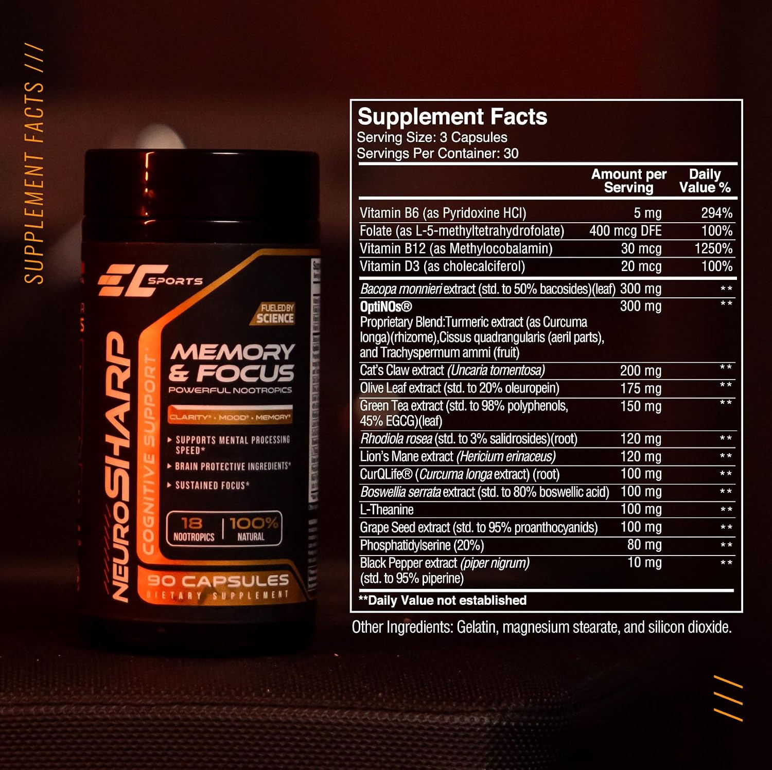 EC Sports NeuroSharp Powerful Nootropic Supplement for Focus, Faster Processing, Instant Positive Energy & Performance, Memory & Cognitive Support w/ 18 Nootropics - 90 Capsules
