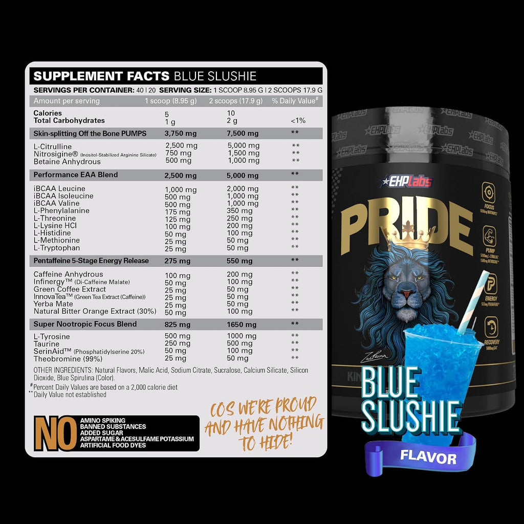EHP Labs Pride Pre Workout - Pre-entreno en Polvo Sin Azúcar con Cafeína y BCAA (40 Servicios, Blue Slushie)