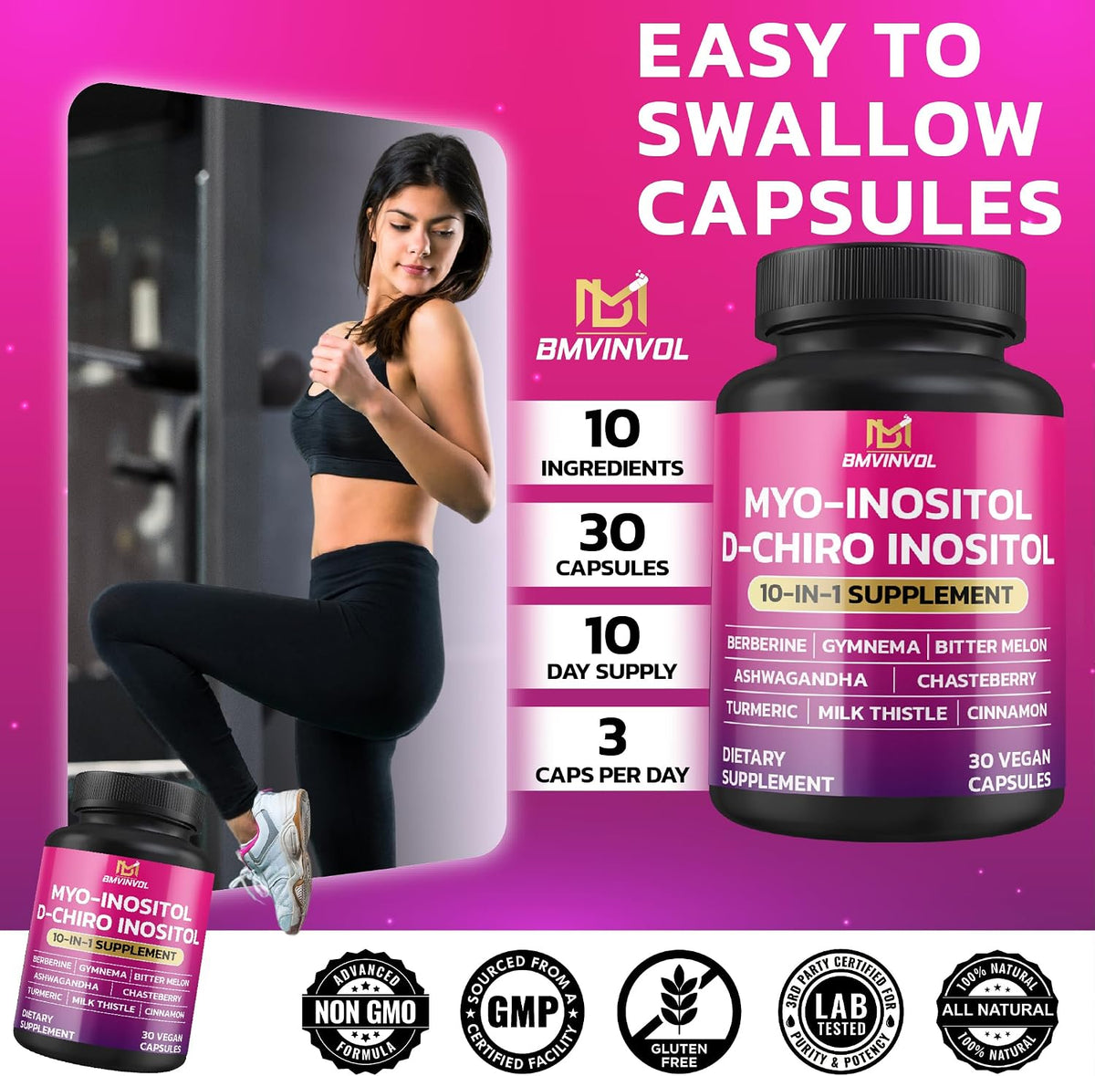 BMVINVOL Inositol Supplement - Myo-Inositol and D-Chiro Inositol Ideal 40:1 Ratio - Plus Berberine, Cinnamon, Ashwagandha + – Image 6