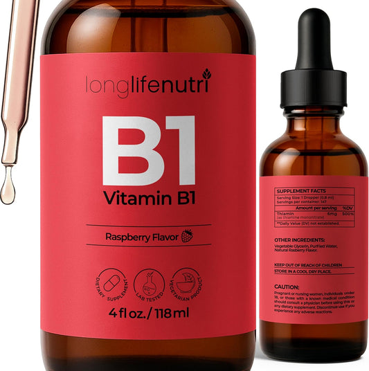 LongLifeNutri Vitamina B1 Gotas Líquidas - Tiamina Mononitrato para Energía y Salud Nerviosa, Absorción Rápida, 118 ml, 5 Meses de Suministro