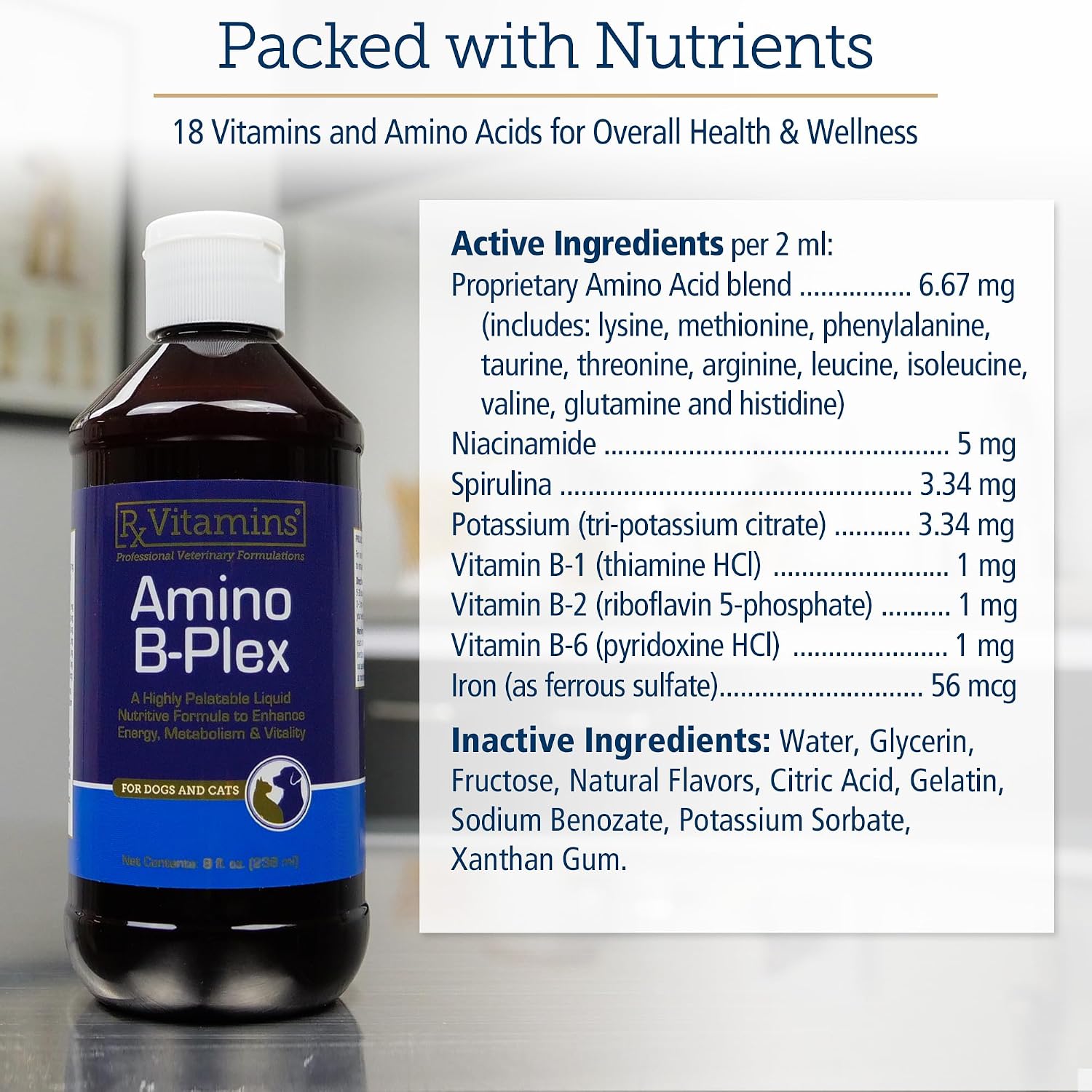 Rx Vitamins Amino B Plex Suplemento Líquido para Perros y Gatos - Complejo de Vitamina B con Aminoácidos - 60 ml