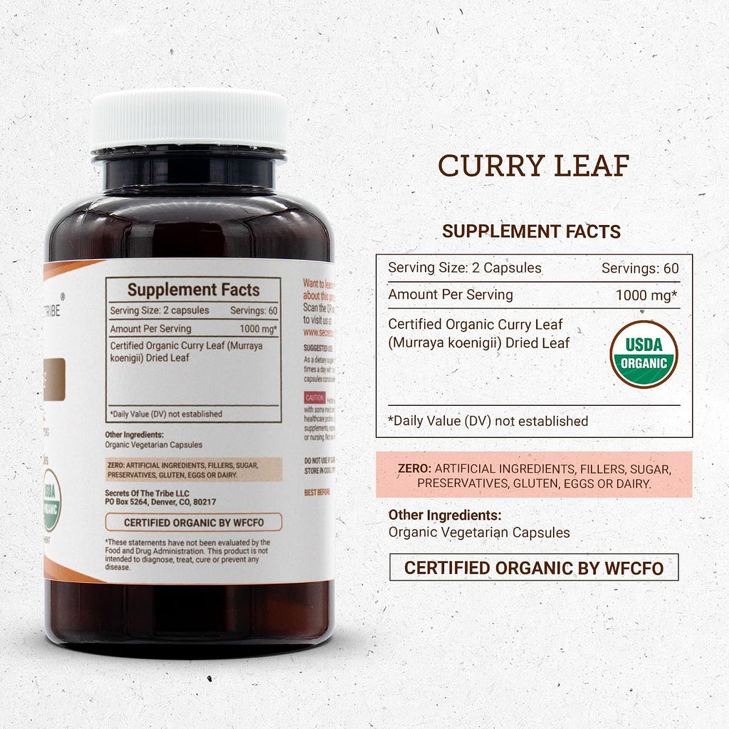Secrets of the Tribe Curry Leaf Cápsulas Orgánicas USDA - 120 Cápsulas Vegetarianas