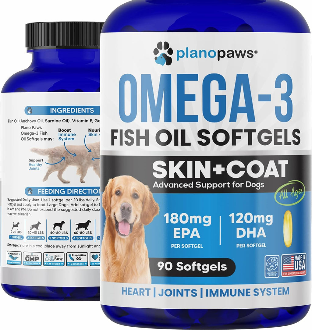 Omega 3 Fish Oil for Dogs - Aceite de Salmón para Perros - Suplemento para Piel, Pelaje y Articulaciones - 90 Cápsulas de Aceite de Pescado EPA DHA