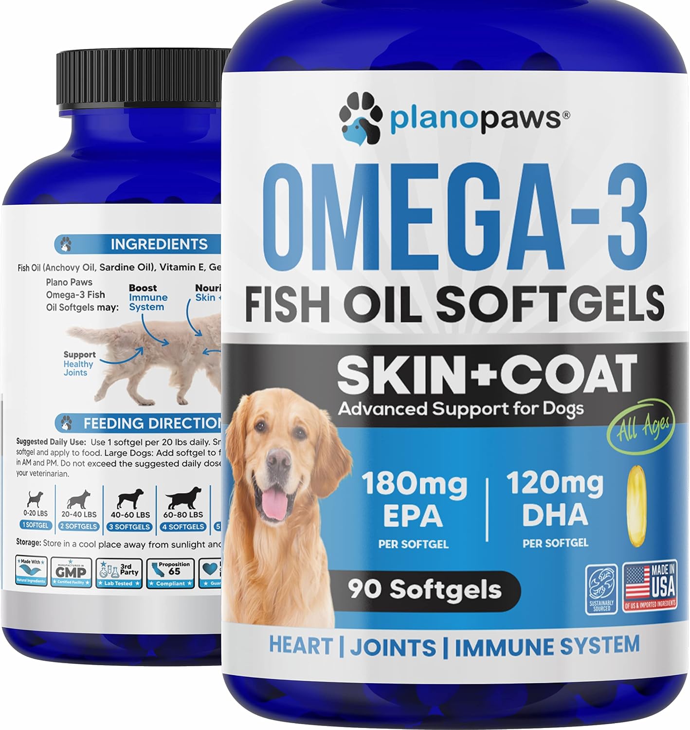 Omega 3 Fish Oil for Dogs - Aceite de Salmón para Perros - Suplemento para Piel, Pelaje y Articulaciones - 90 Cápsulas de Aceite de Pescado EPA DHA