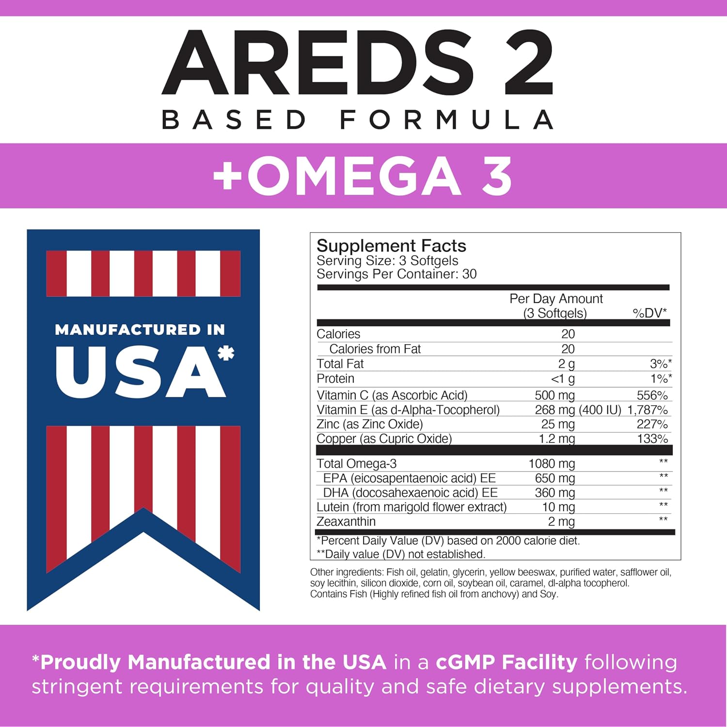 Viteyes AREDS 2 + Omega-3 Fórmula para la Salud Macular, Cápsulas Blandas, Omega-3 Triple Fuerza (650 mg EPA, 350 mg DHA), 90 Cápsulas