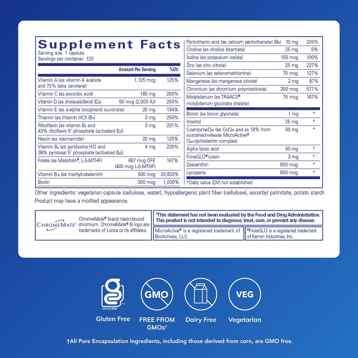 Pure Encapsulations O.N.E. Multivitamínico - Complejo antioxidante con Metafolin, CoQ10 y luteína - 120 cápsulas