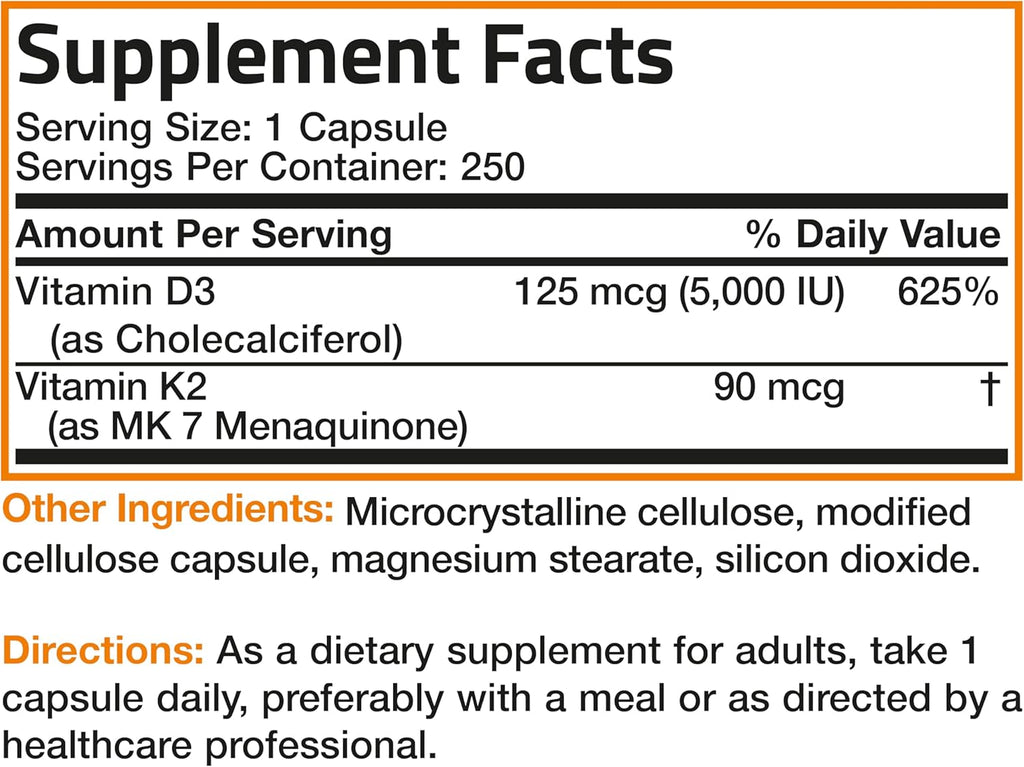 Bronson Complejo de Vitamina D3 y K2 (MK-7) 5000 UI / 90 mcg, 250 Cápsulas