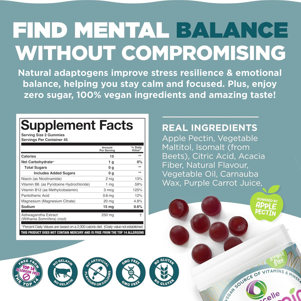NUTRAMIN Mood Boost Gomitas Multivitamínicas - Deliciosas gomitas antiestrés con magnesio, ashwagandha y vitaminas del grupo B para la calma y el enfoque - Sin azúcar, veganas, sin gluten (90 unidades)