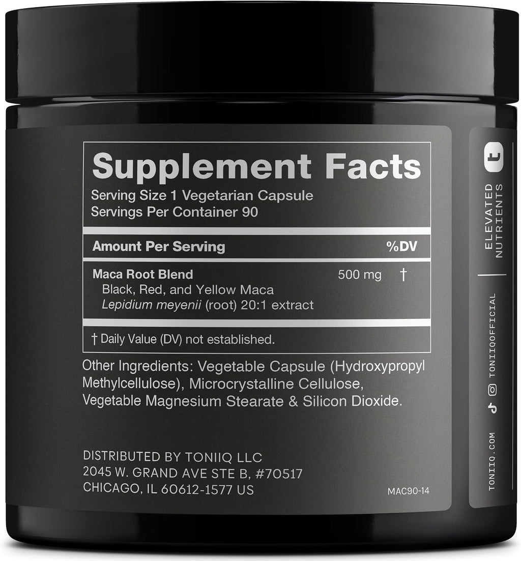 Toniiq Maca Root Extracto 20:1 - Complejo de Maca Negra, Roja y Amarilla - Alta Potencia - 90 Cápsulas