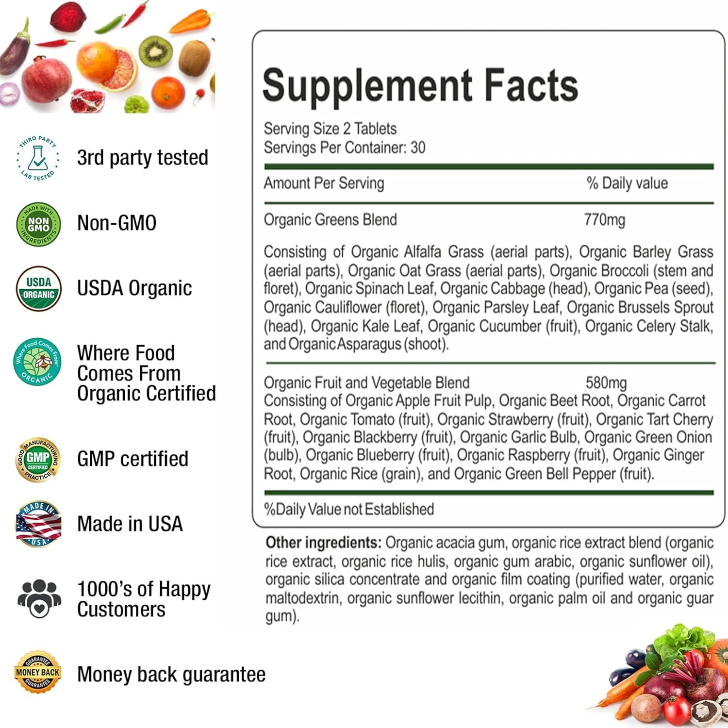 AAMATEC LIFE Superalimentos Orgánicos Verduras y Frutas - 120 Comprimidos (Paquete de 2)