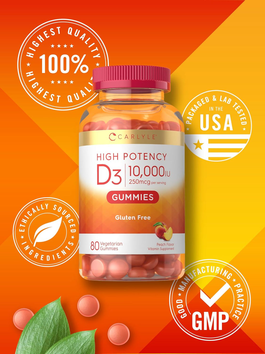 Carlyle Vitamina D3 10000 IU Gomitas para Adultos - Sabor Melocotón - 80 Gomitas - Vegetariano, No-GMO, Sin Gluten