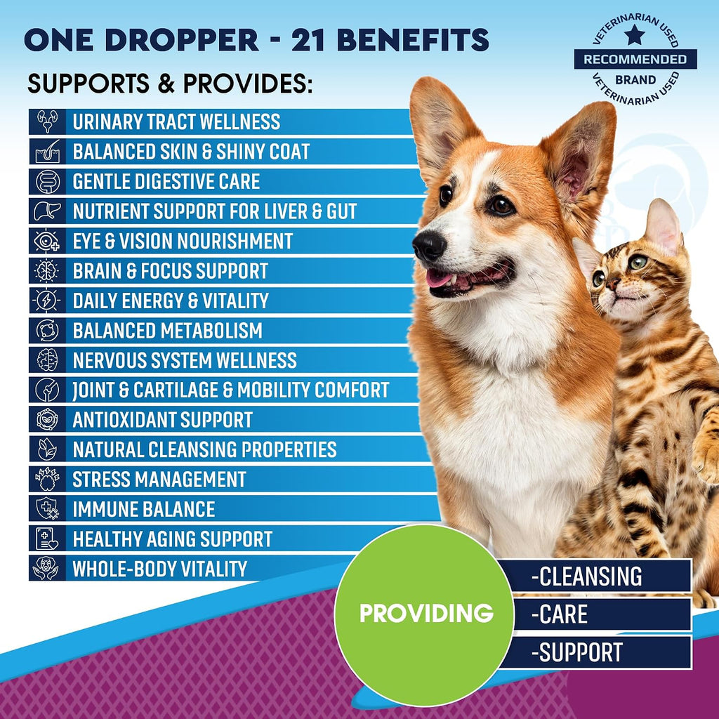 Multivitamínico Líquido 21 en 1 para Perros y Gatos con Glucosamina y Arándano Rojo – Apoyo para Tracto Urinario, Articulaciones, Piel y Pelaje (60 ml)