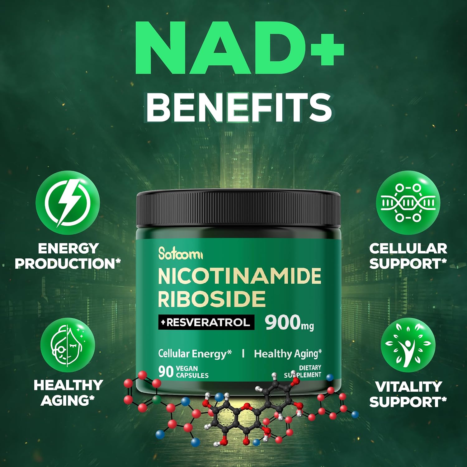 Satoomi NAD+ Suplemento con Nicotinamida Ribósido, Resveratrol, Quercetina - 90 Cápsulas