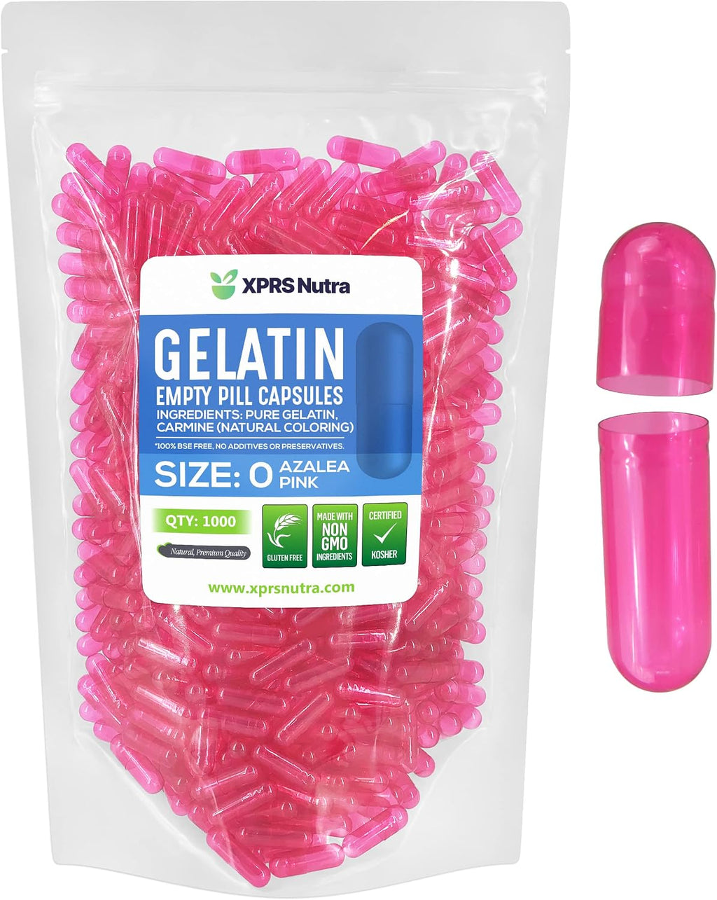 XPRS Nutra Cápsulas Vacías de Gelatina Talla 0 - 1000 Unidades - Cápsulas de Gelatina Bovina para Suplementos Caseros (Rosa Azalea)