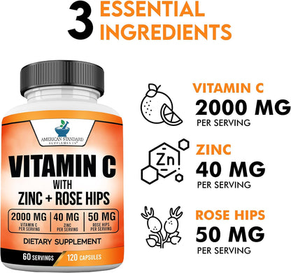 American Standard Supplements Vitamina C 2000mg con Zinc y Escaramujo - 120 Cápsulas – Image 3
