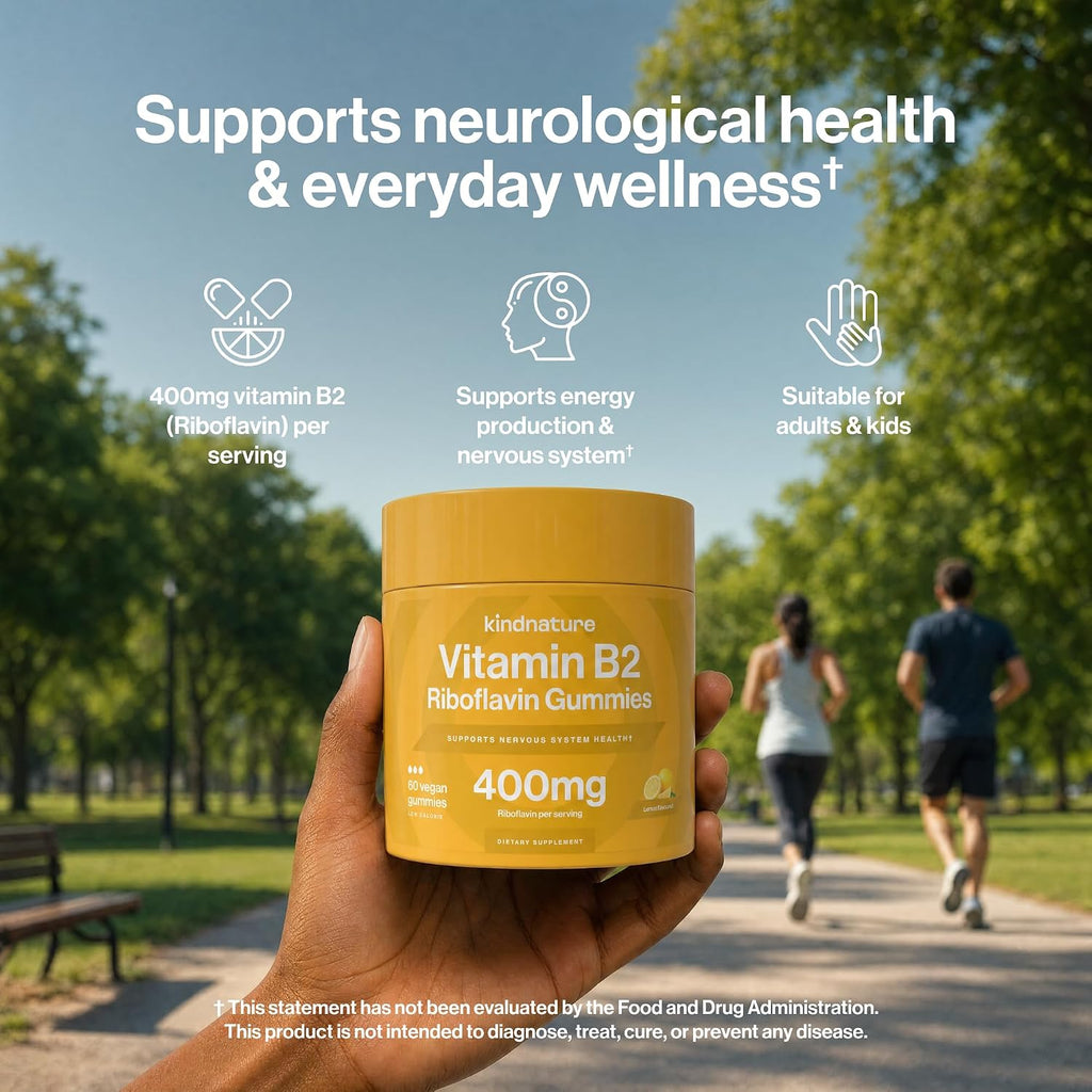 kindnature Gomitas de Vitamina B2 - Riboflavina 400 mg - Suplemento para Niños y Adultos - Sin OGM, Sin Soja, Sin Gluten, Vegano (30 Días de Suministro)
