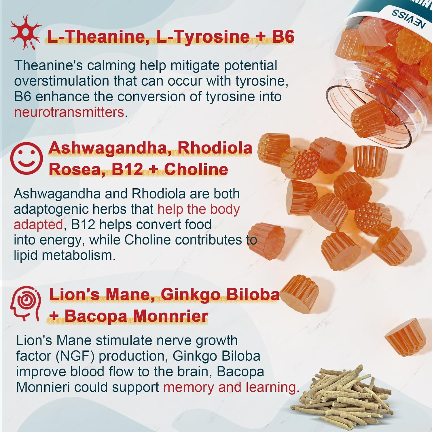NEVISS Gominolas Brain Focus Sin Azúcar - L-Tirosina 300mg, L-Teanina 200mg, Vitamina B6 100mg, B12 500mcg, Ginkgo Biloba, Rhodiola Rosea, Lion's Mane - 1 Pack