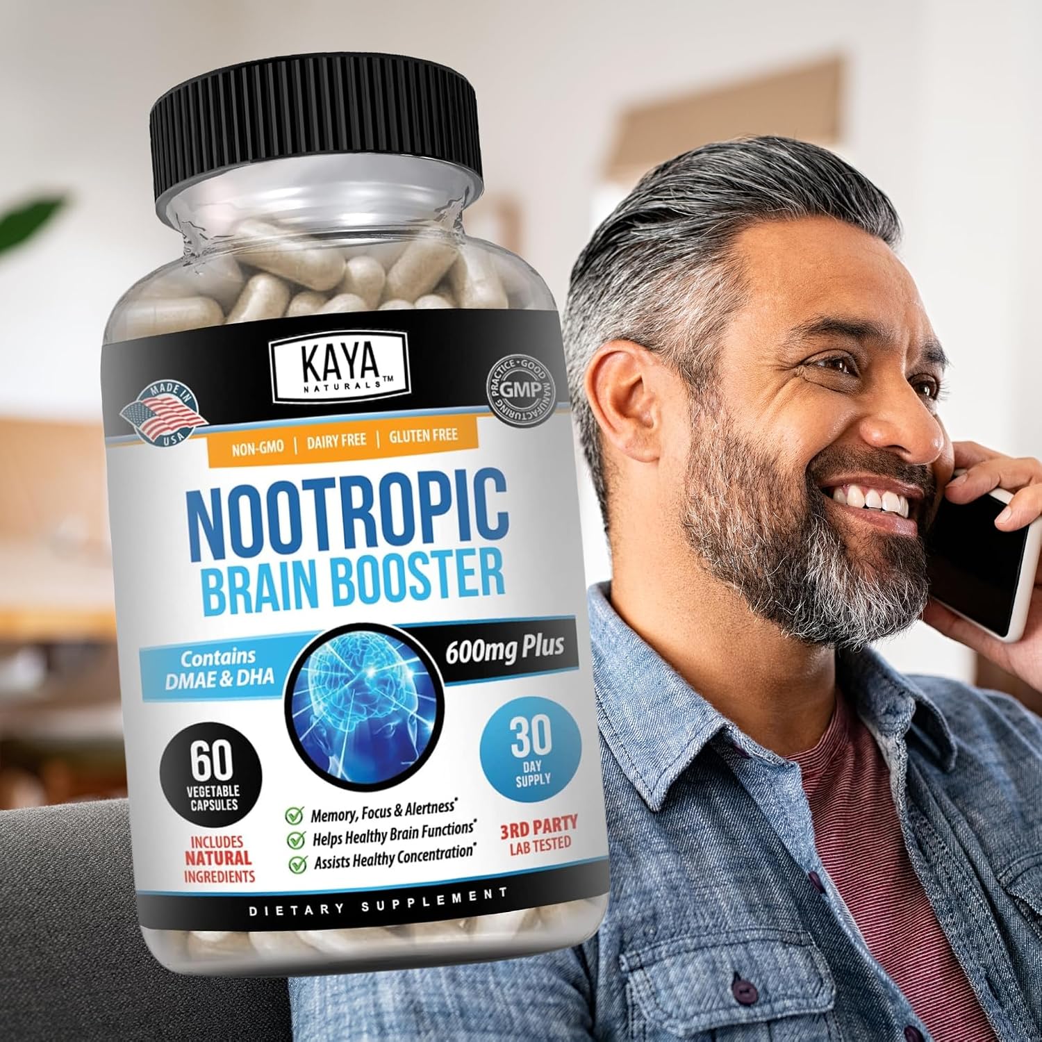 Kaya Naturals - Nootropic Brain Booster - Apoyo para Memoria y Concentración - 60 Cápsulas