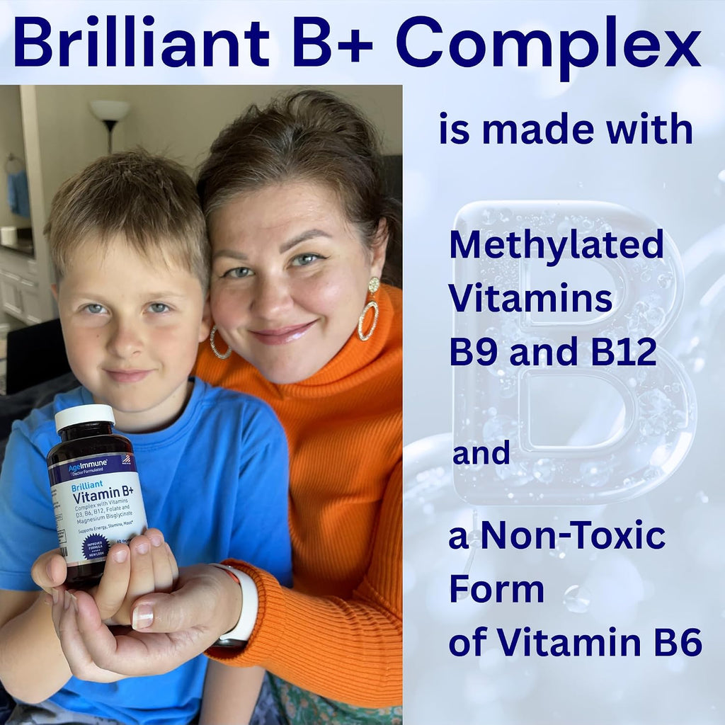 AgeImmune Complejo B con Vitamina D3, B12, B6, Magnesio Bisglicinato y Folato como Metilfolato - 60 Cápsulas - Sin Niacina