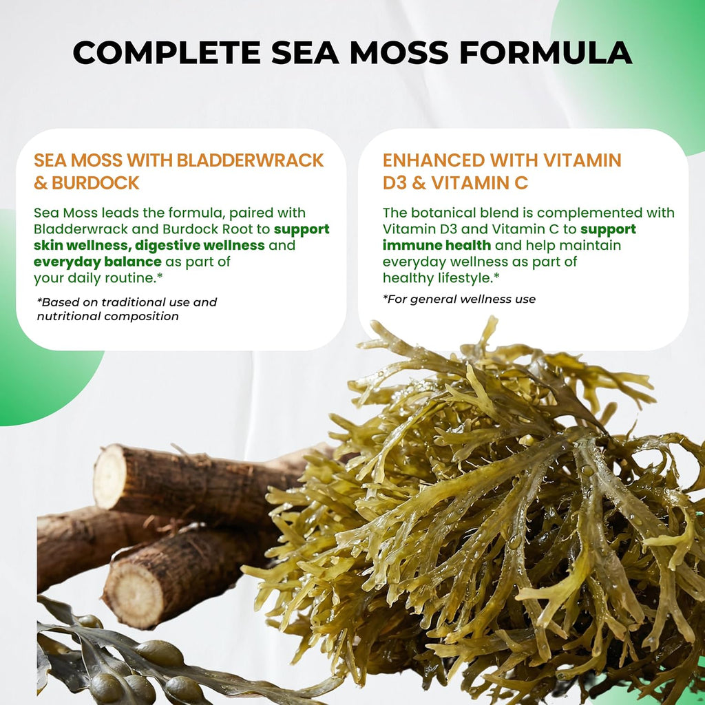 Ultra Herbs Cápsulas de Sea Moss con Aceite de Nigella, Ashwagandha, Vitamina D3 y C | 12 en 1 | Apoyo Inmunológico | 150 Cápsulas | Sin Gluten | No GMO