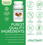 Maxi Health Vitamina D3 3000 UI 75 mcg Suplemento de vitamina D para huesos, dientes, sistema inmunitario - Suplemento de D3 fácil de tragar, no transgénico, kosher (180 comprimidos)
