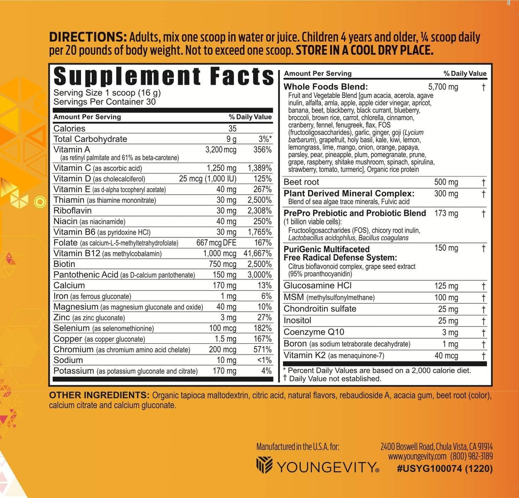 Youngevity Beyond Tangy Tangerine 2.5 Tropical Tangerine - Complejo Multivitamínico y Mineral en Polvo
