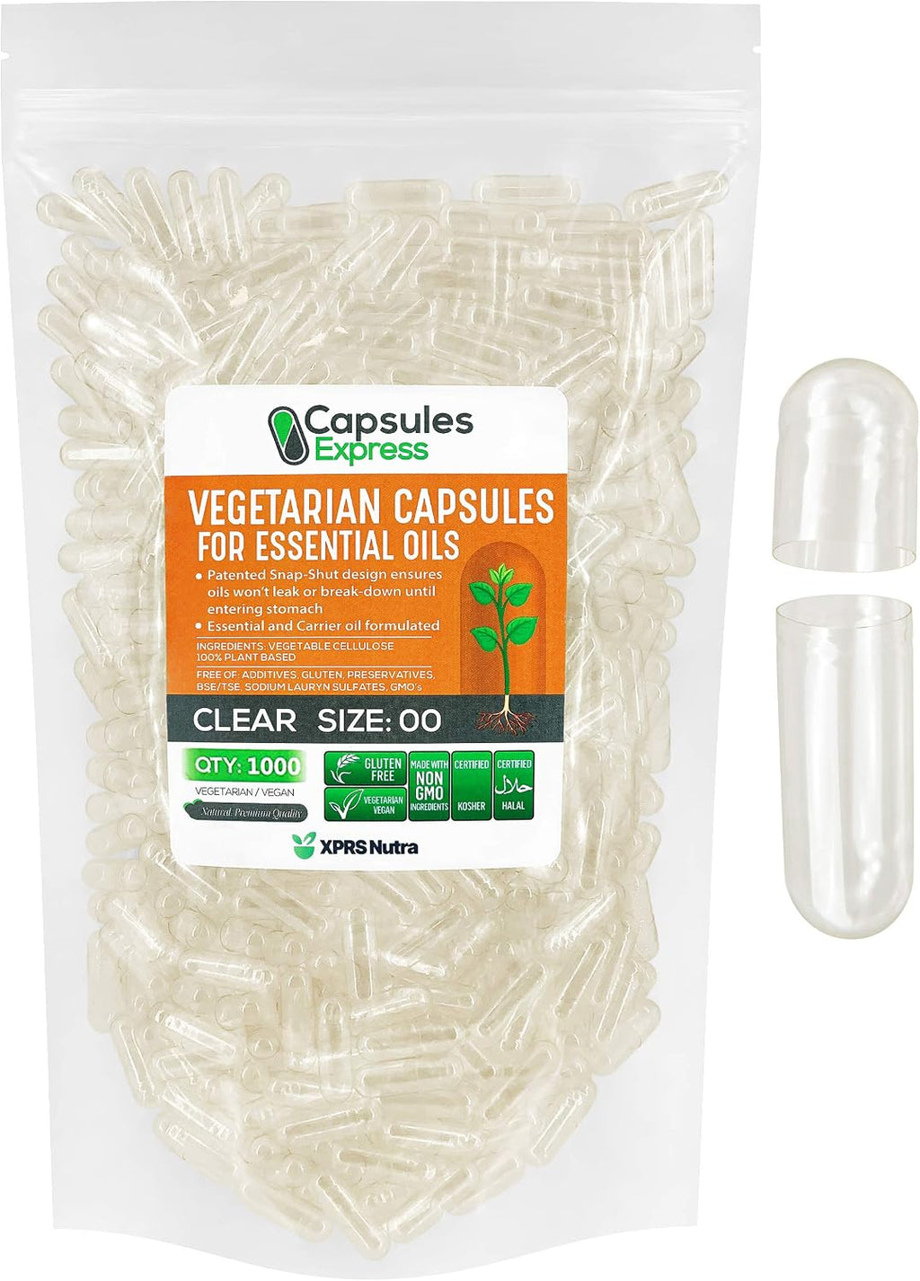XPRS Nutra Cápsulas Veganas Vacías Tamaño 1 - 1000 Unidades de Cápsulas Vegetales Transparentes para Aceites Esenciales y Suplementos