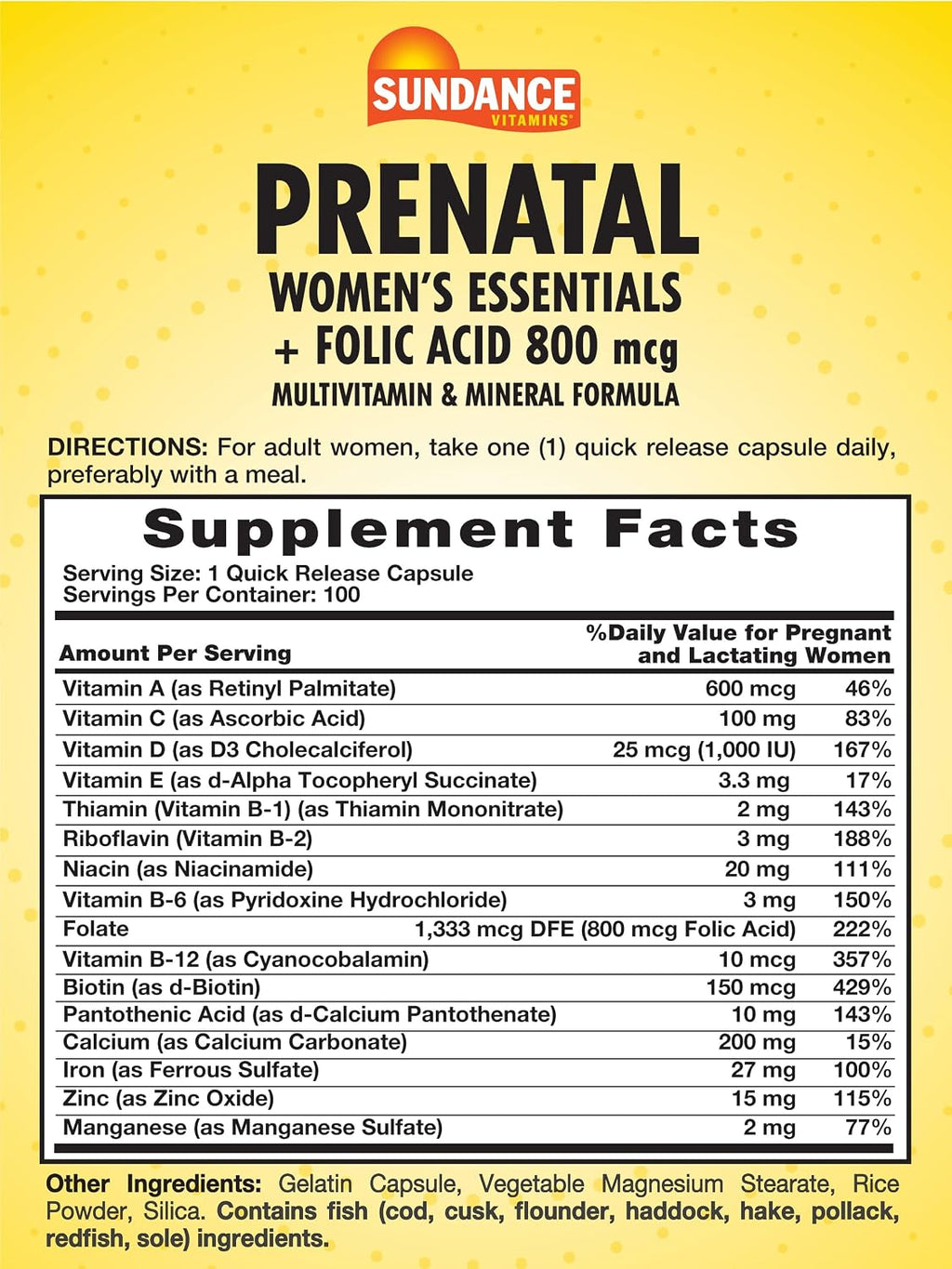 Sundance Prenatal Multivitamin | con Ácido Fólico | 100 Cápsulas de Liberación Rápida | 800 mcg | No GMO, Sin Gluten